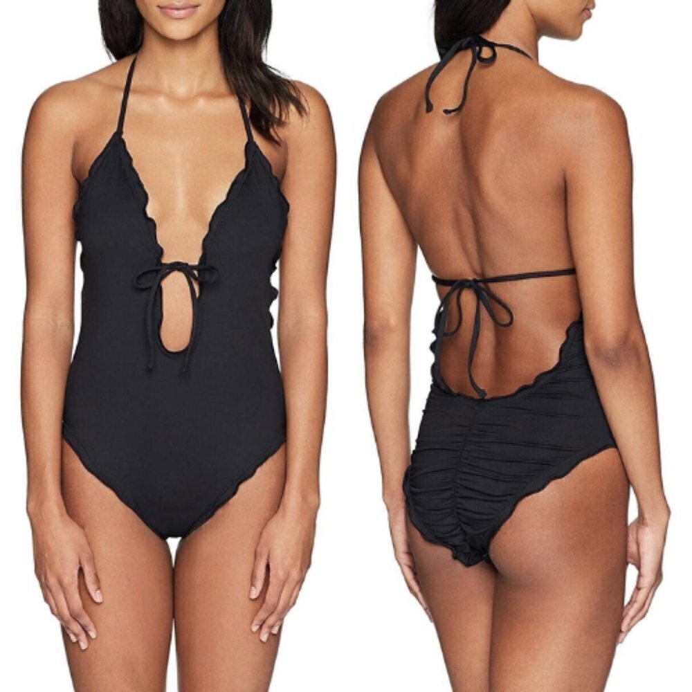 La Blanca Standard Tie Front Keyhole Halter One Piece Swimsuit in Black 16 NWT